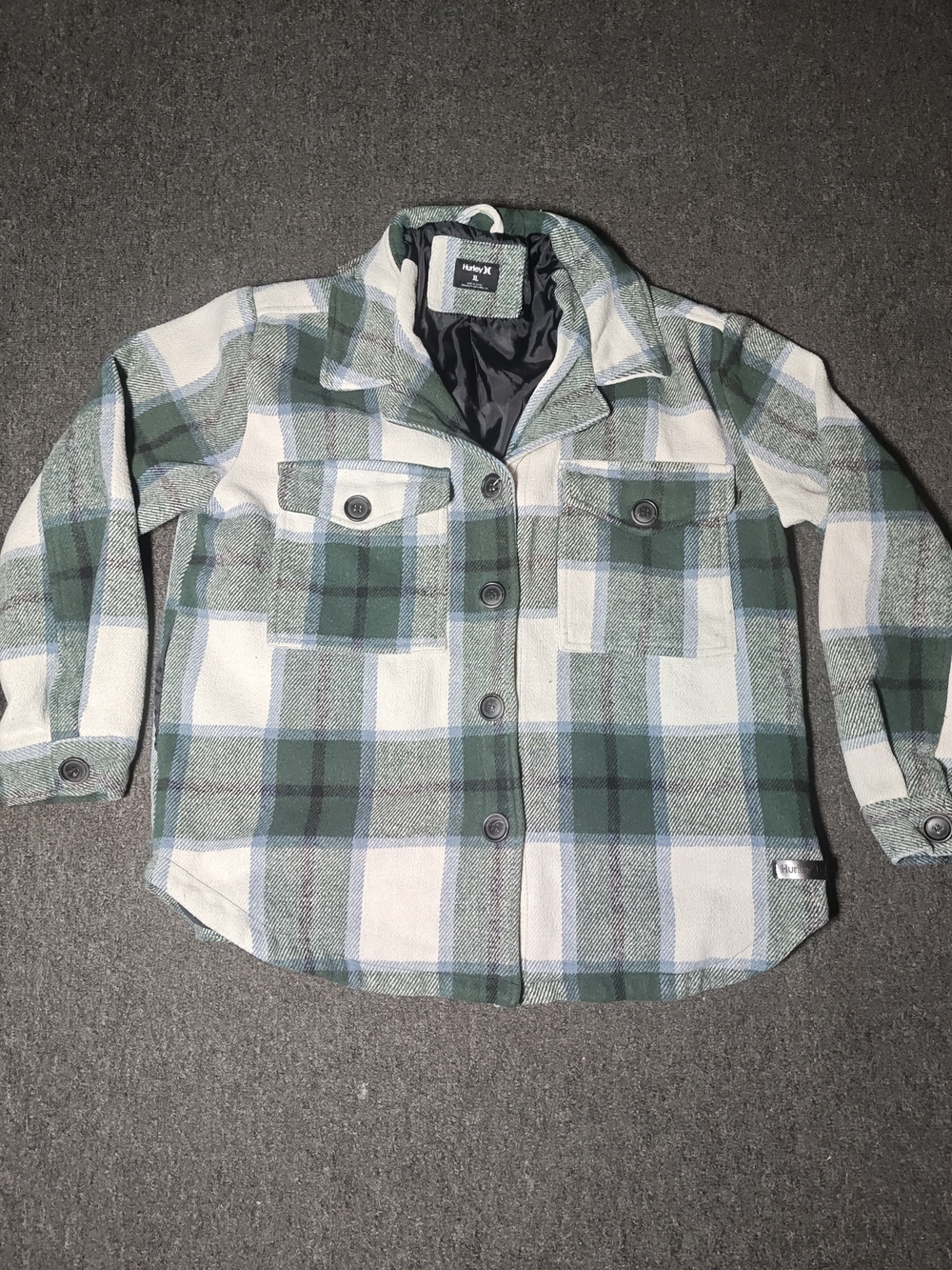 Men’s Hurley Lined Flannel Button Up Shirt Jacket Size XL Green White Shacket